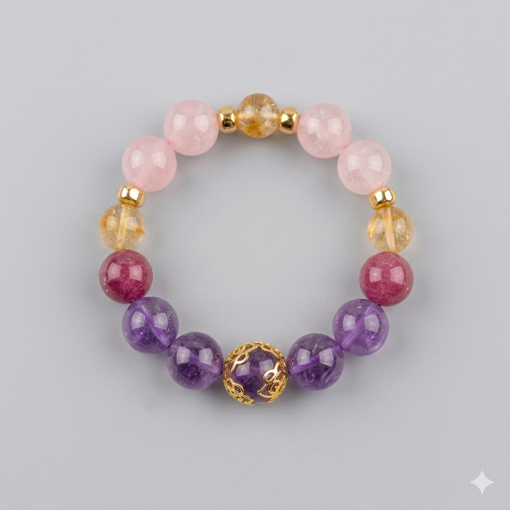 Beaded bracelet with pink, purple, and gold beads on a light gray background