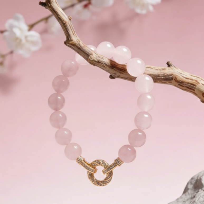 Pink beaded bracelet on a branch with cherry blossoms