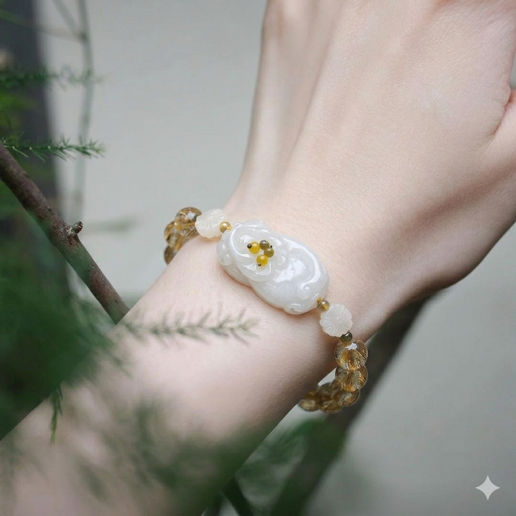 Close-up of a hand wearing a decorative bracelet with a natural background
