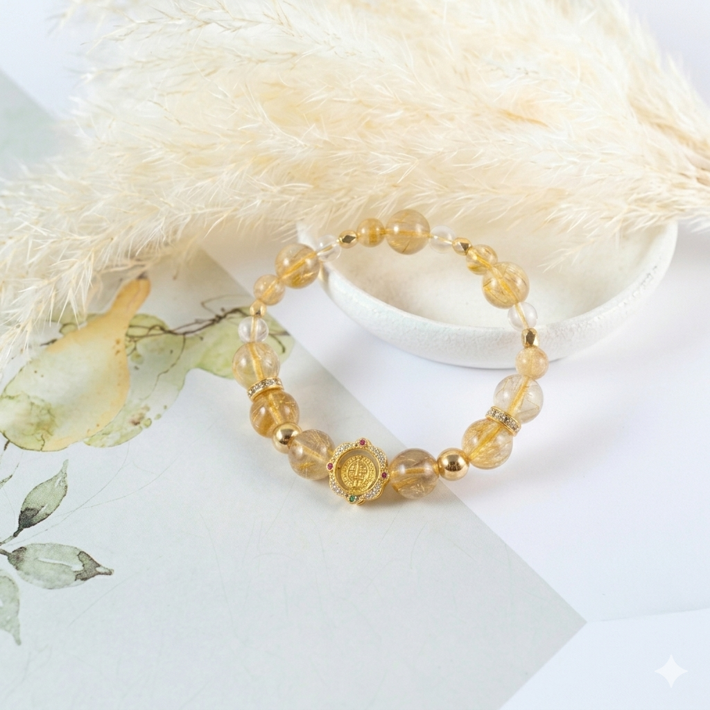 Beaded bracelet with gold accents on a white surface with decorative elements