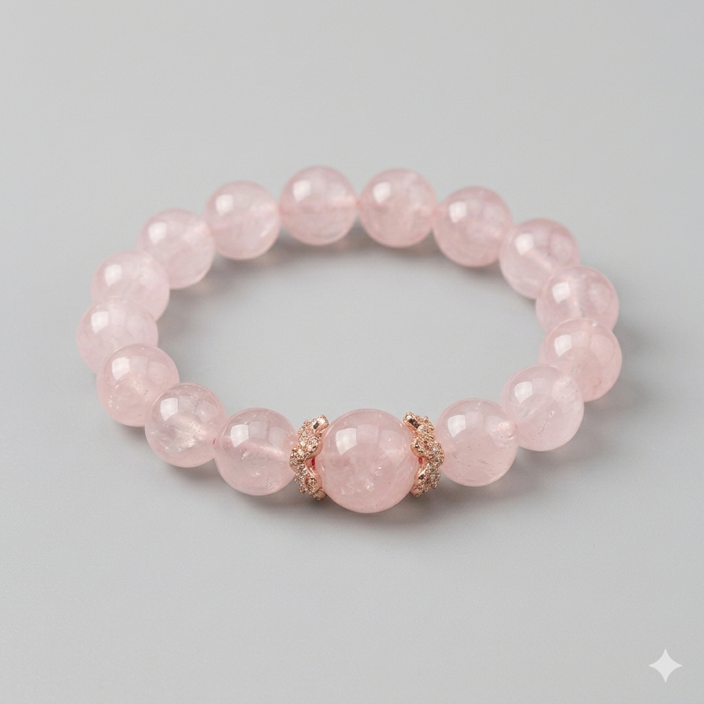 Pink beaded bracelet with a gold accent on a gray background