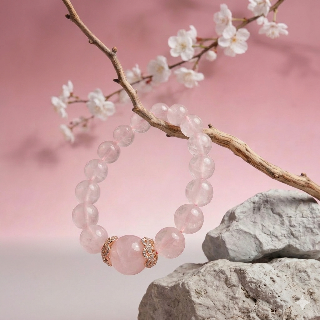 Pink beaded bracelet on a branch with cherry blossoms and rocks