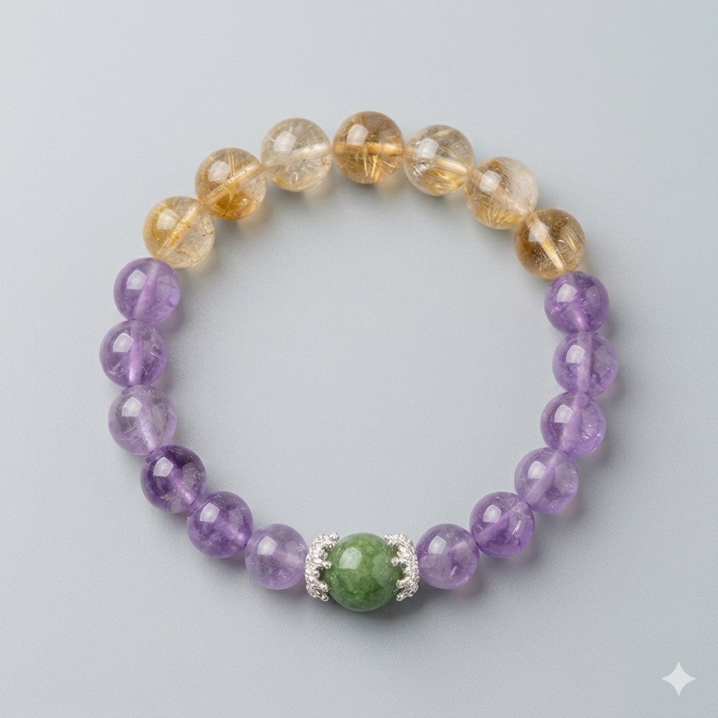 Beaded bracelet with purple, gold, and green beads on a light gray background