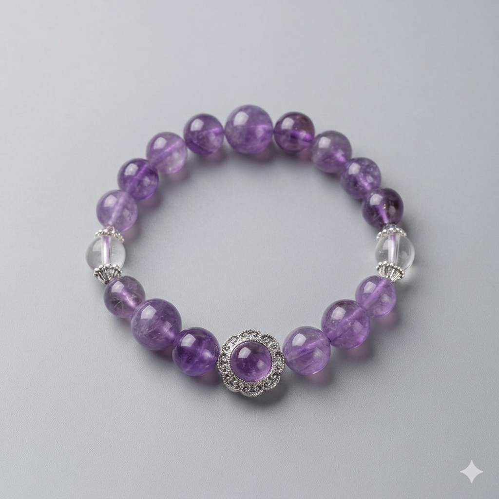 Purple beaded bracelet with a silver clasp on a light gray background
