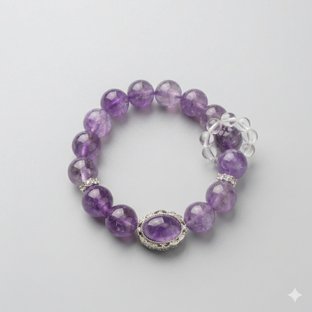 Purple beaded bracelet with silver accents on a light gray background