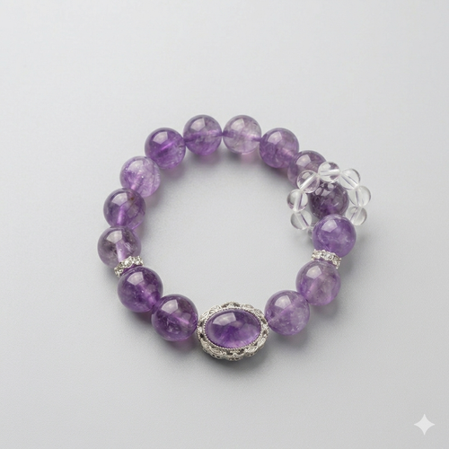 Purple beaded bracelet with silver accents on a light gray background