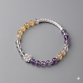 Beaded bracelet with purple, yellow, and clear beads on a gray background