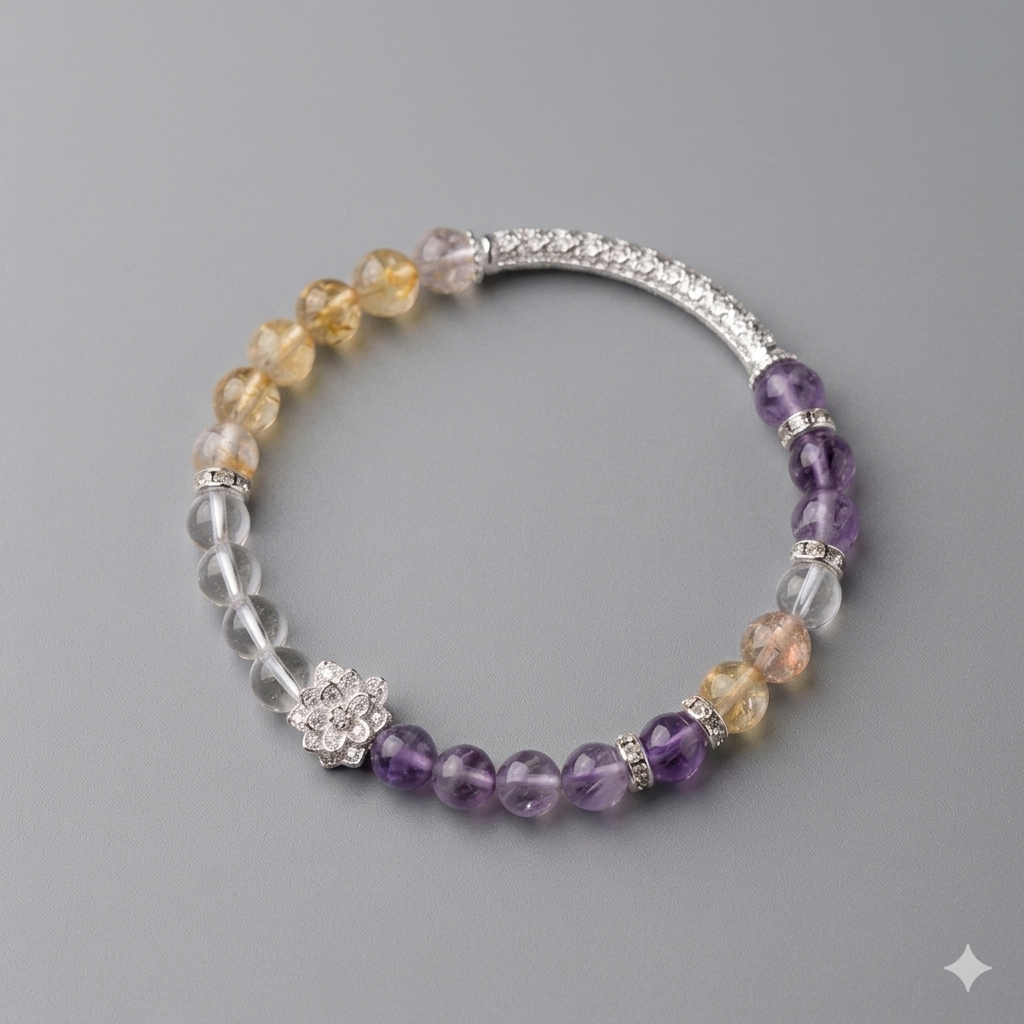 Beaded bracelet with purple, yellow, and clear beads on a gray background