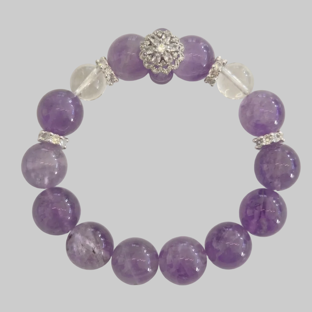 Amethyst & Clear Quartz Bracelet with Silver Pavé Flower