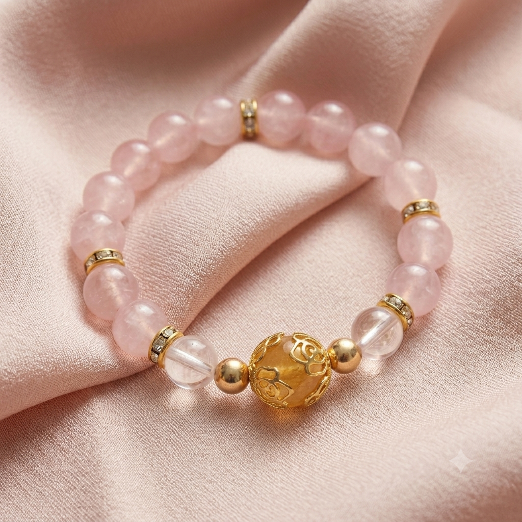 Rose Quartz & Yellow Tourmaline Bracelet with Golden Flower Spacer