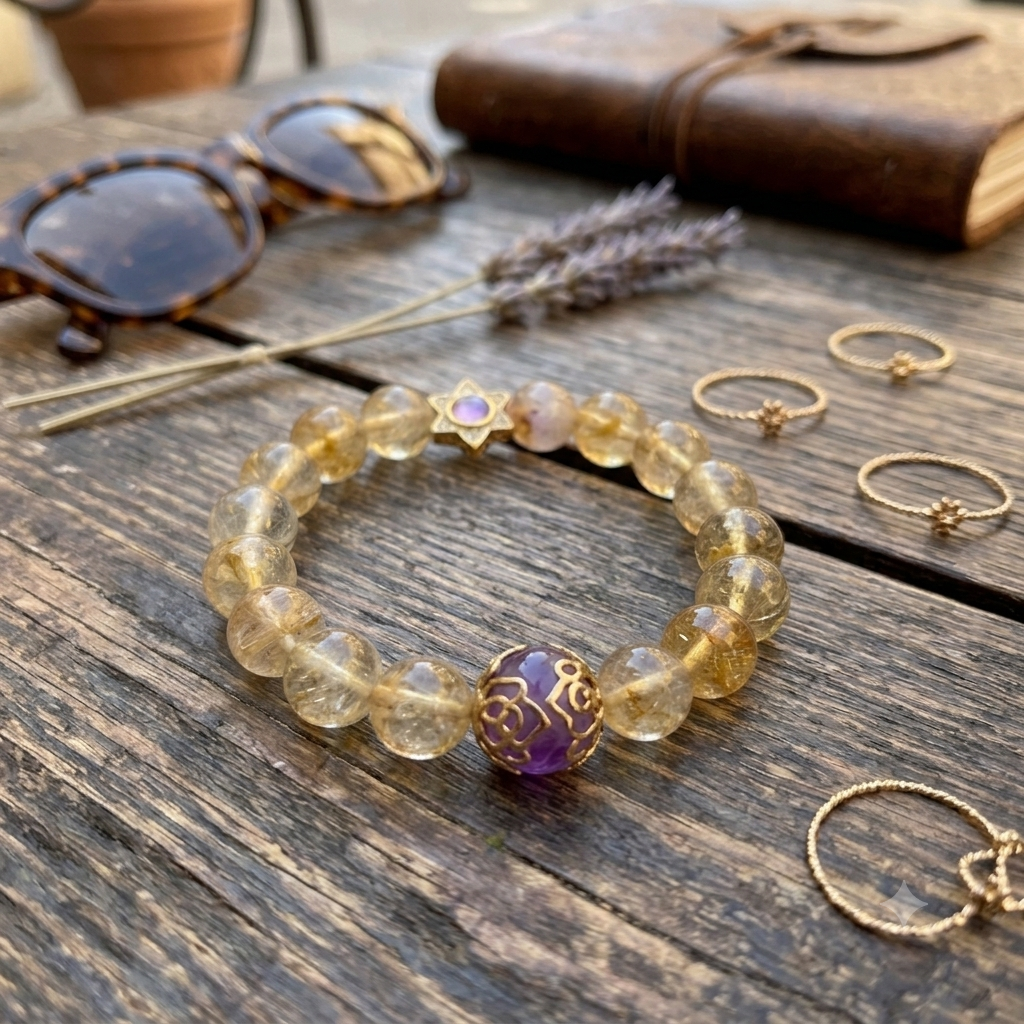 Citrine & Amethyst Om Bracelet with Star Space Bead