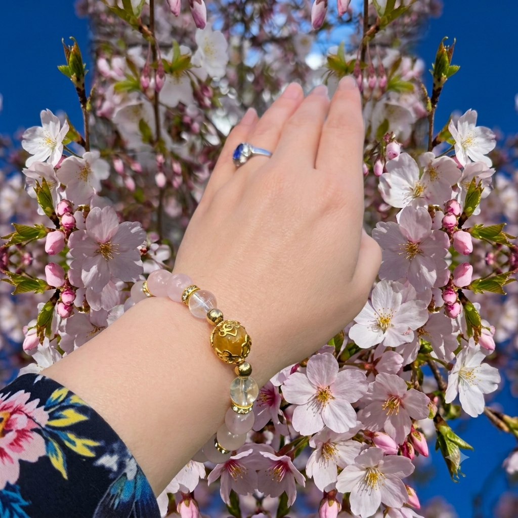 Rose Quartz & Yellow Tourmaline Bracelet with Golden Flower Spacer