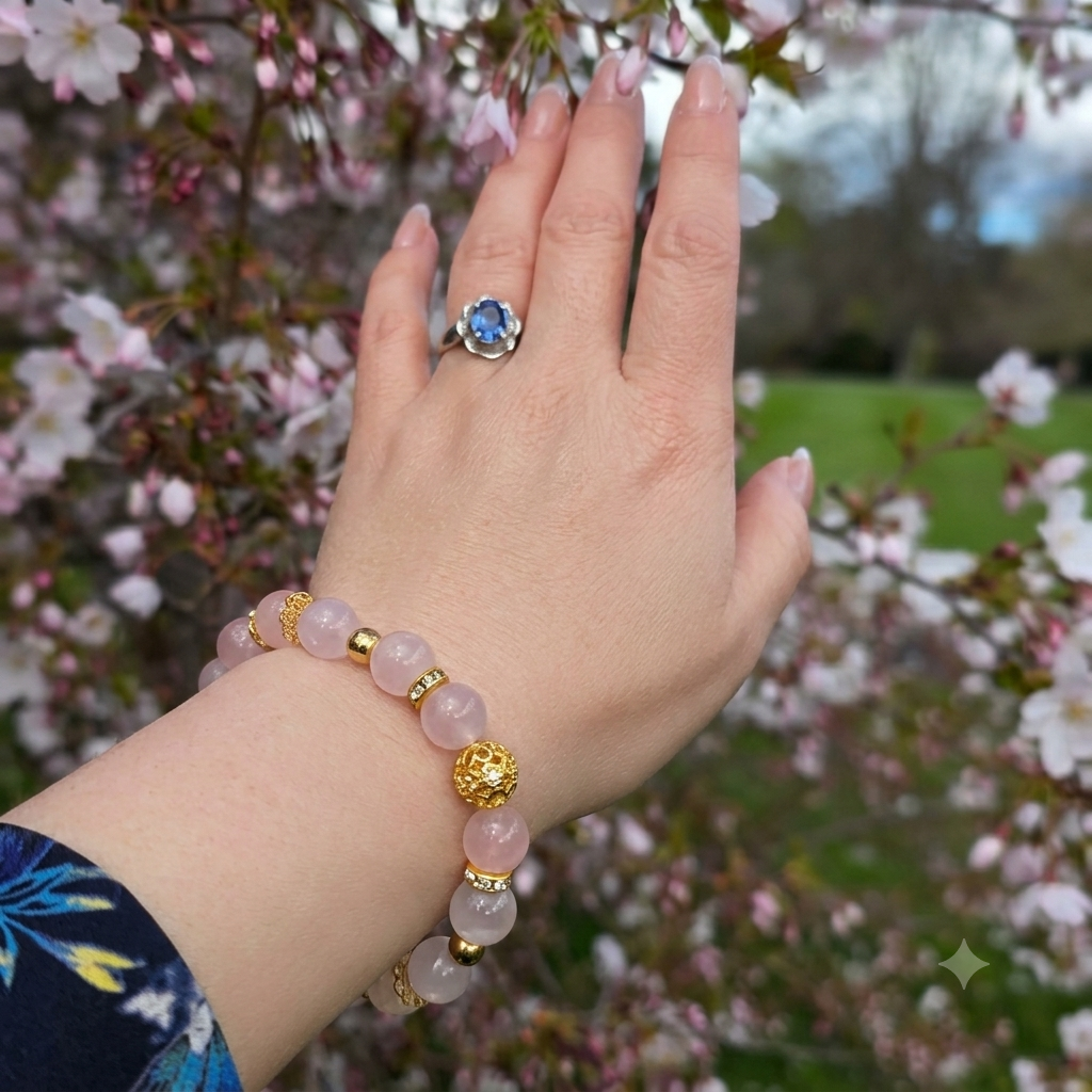 Rose Quartz Bracelet with Gold Pavé Ball & Heart Charms