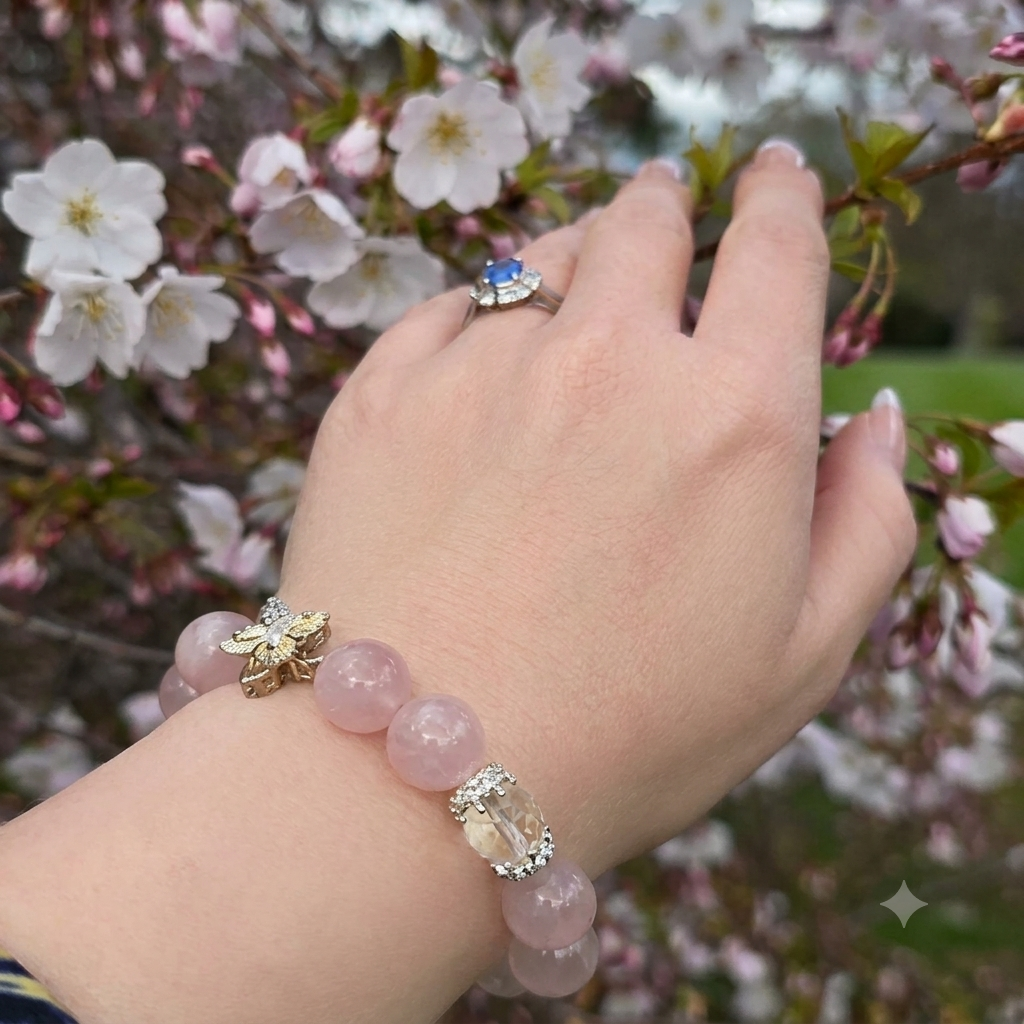 Rose Quartz & Clear Quartz "Bloom with Love" Silver Plated Lucky Clover CZ Bracelet
