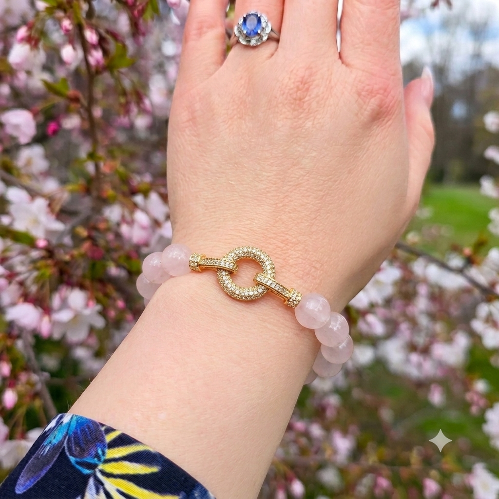 Rose Quartz & Gold Pave "Infinite Connection" Statement Bracelet