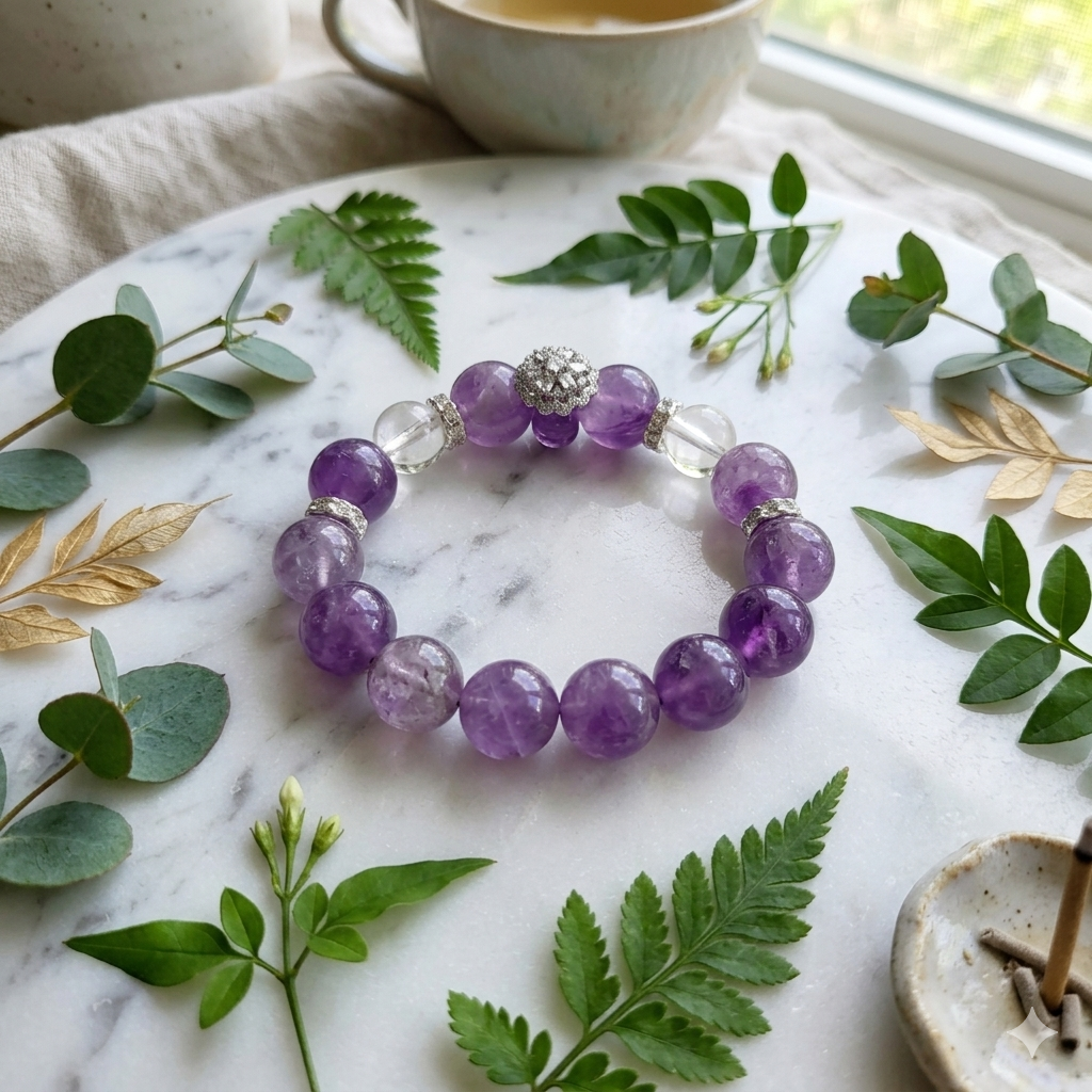Amethyst & Clear Quartz Bracelet with Silver Pavé Flower