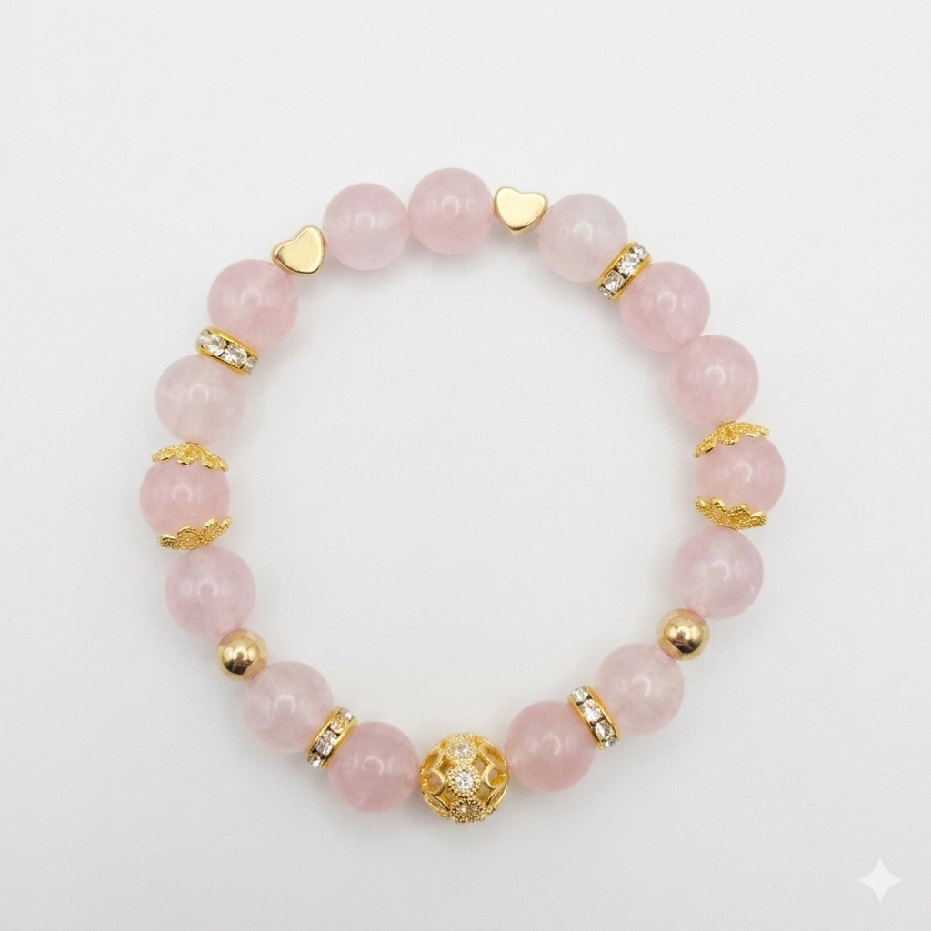 Rose Quartz Bracelet with Gold Pavé Ball & Heart Charms