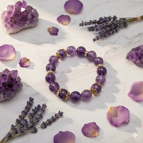 Purple beaded bracelet on a marble surface with purple crystals and lavender flowers.