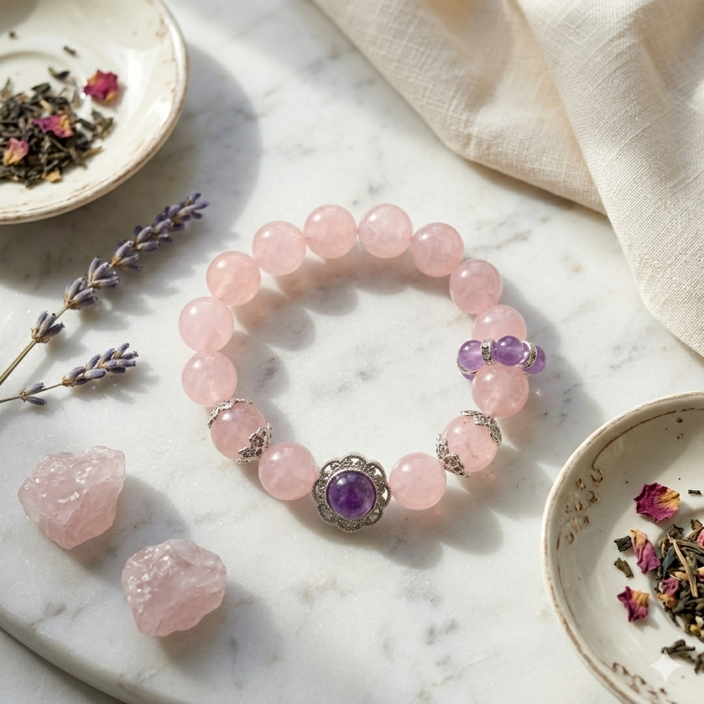 Rose Quartz & Amethyst Bracelet with Silver Flower Centrepiece