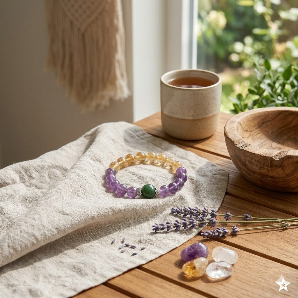 Bracelet with beads on a cloth next to a cup of tea and wooden bowl on a wooden surface.