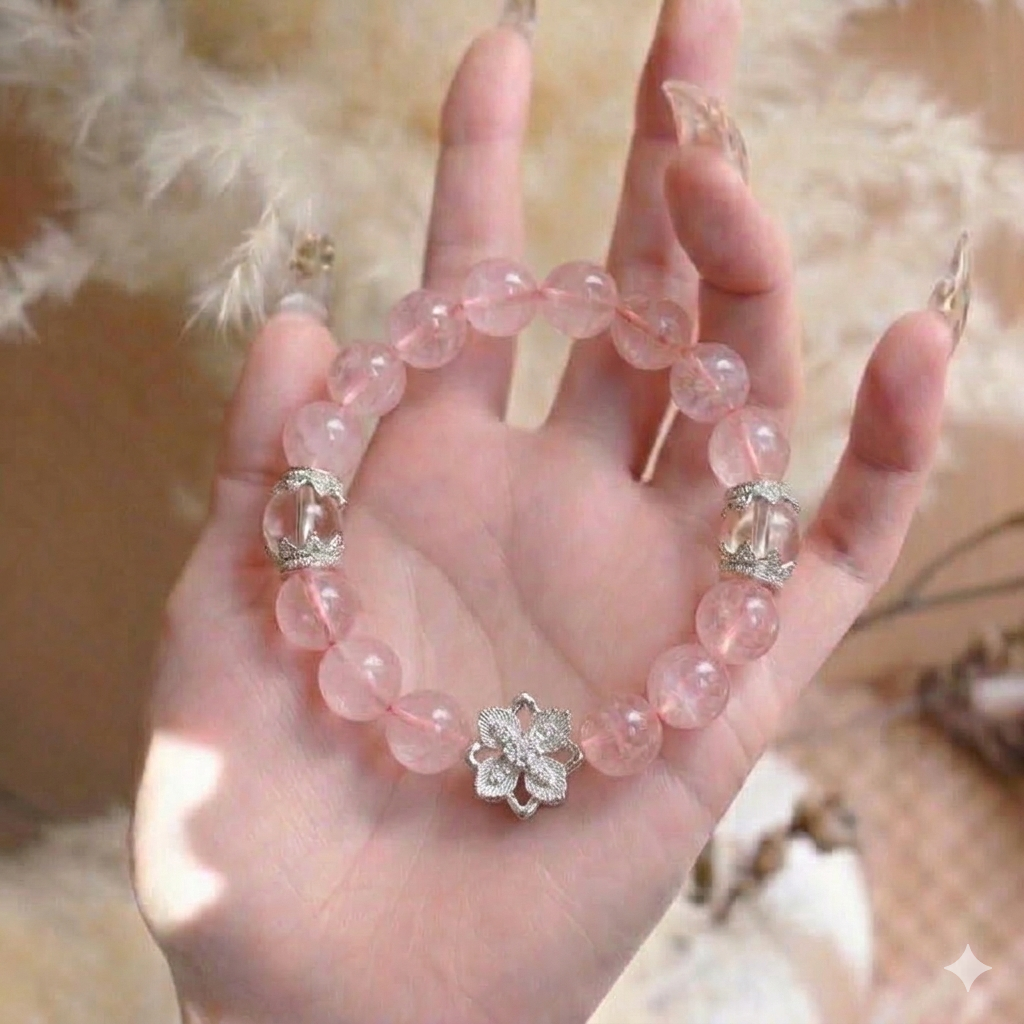 Hand wearing a pink beaded bracelet with decorative elements against a soft, neutral background