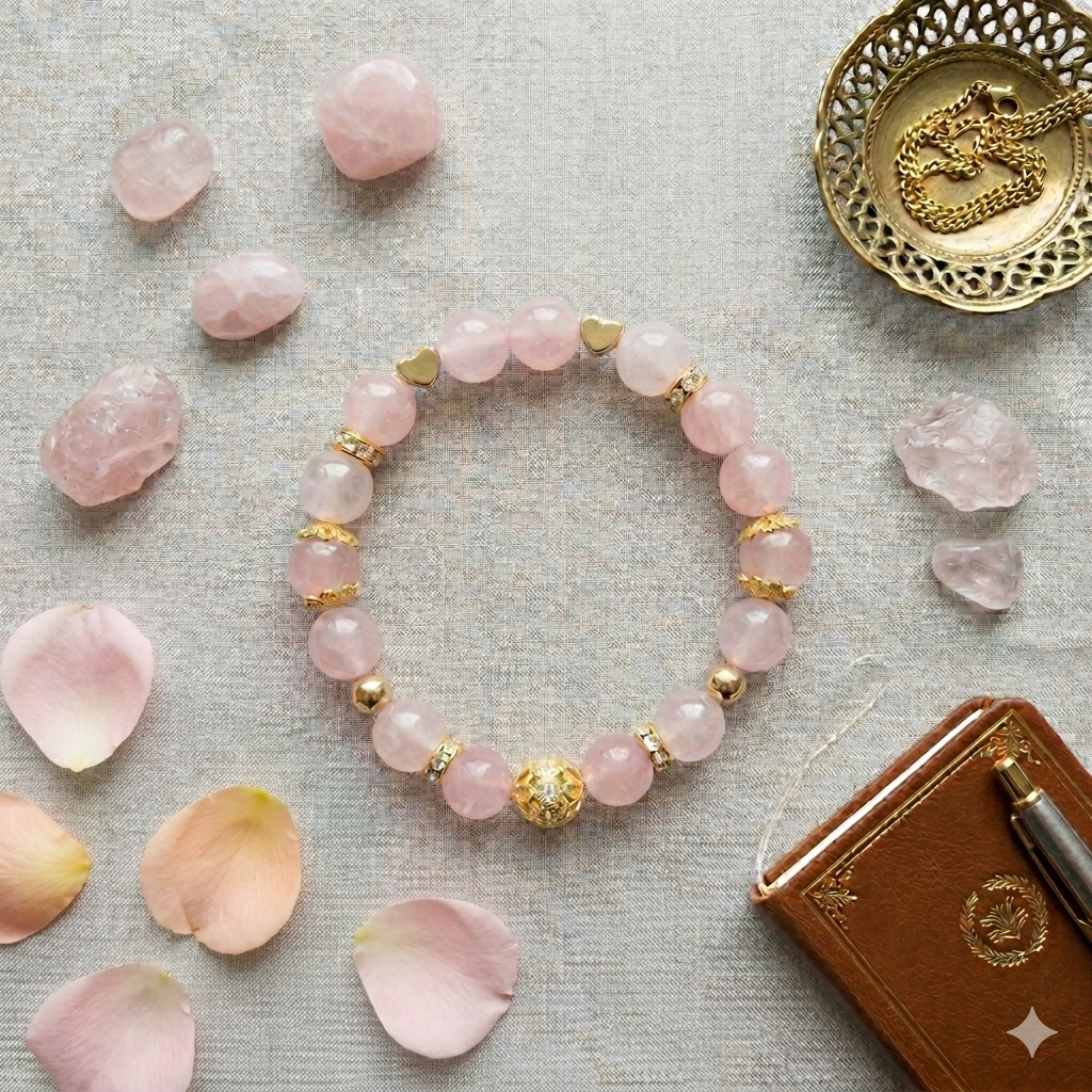 Rose Quartz Bracelet with Gold Pavé Ball & Heart Charms