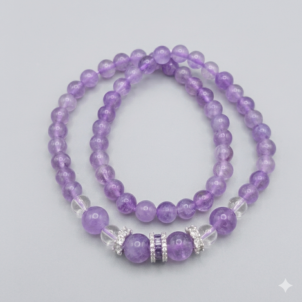 purple beaded bracelet on a light gray background