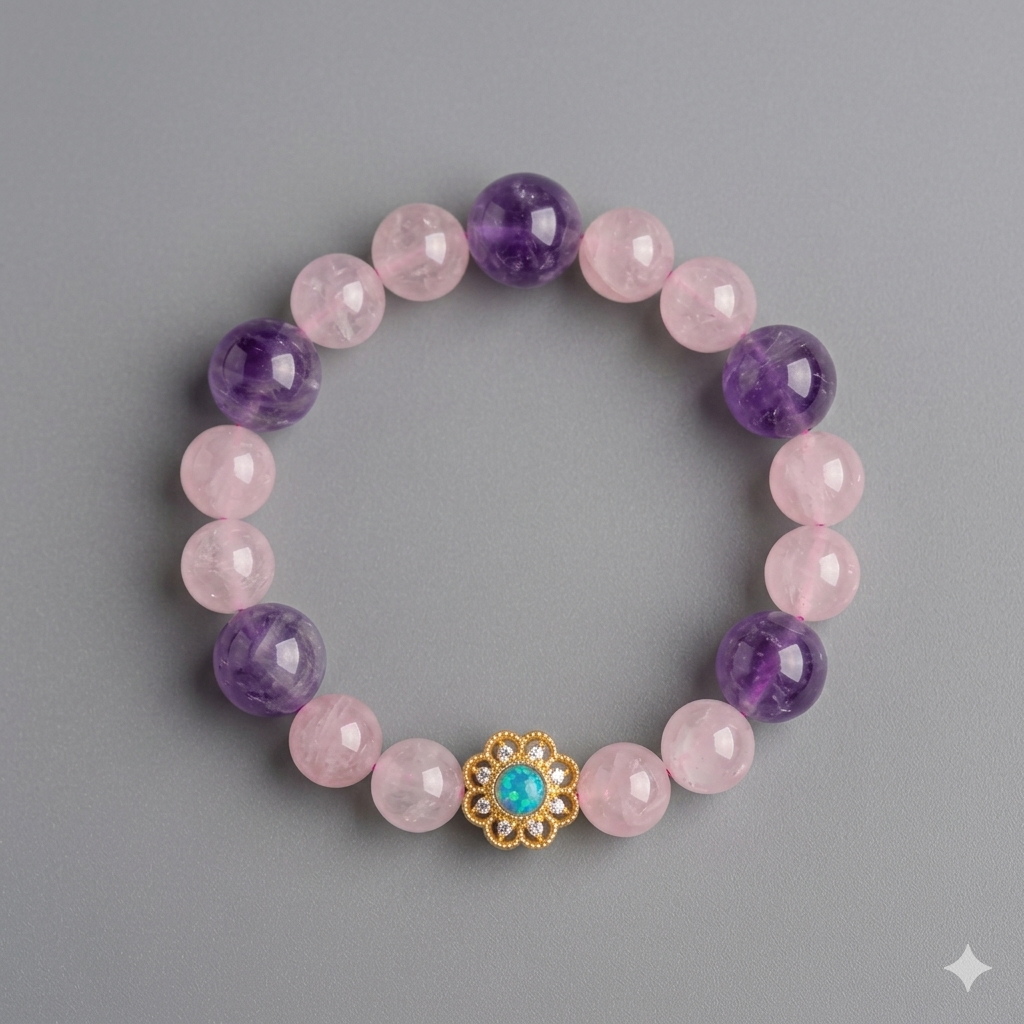 Bracelet with pink and purple beads and a gold clasp on a gray background