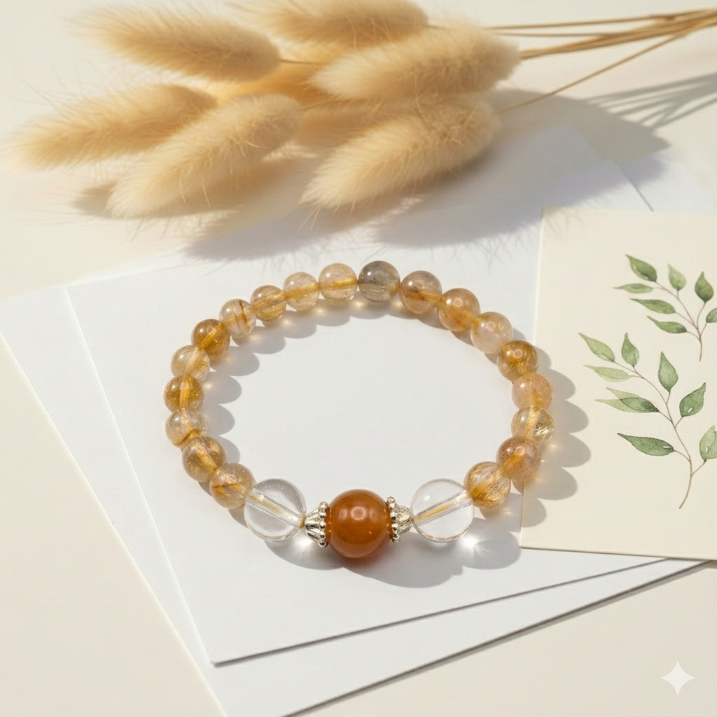 Beaded bracelet with amber and clear beads on a white surface with dried plants and a card in the background