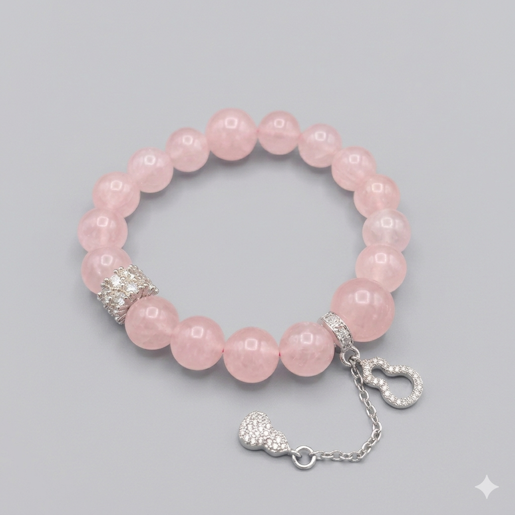 Pink beaded bracelet with silver chain and heart charm on a gray background