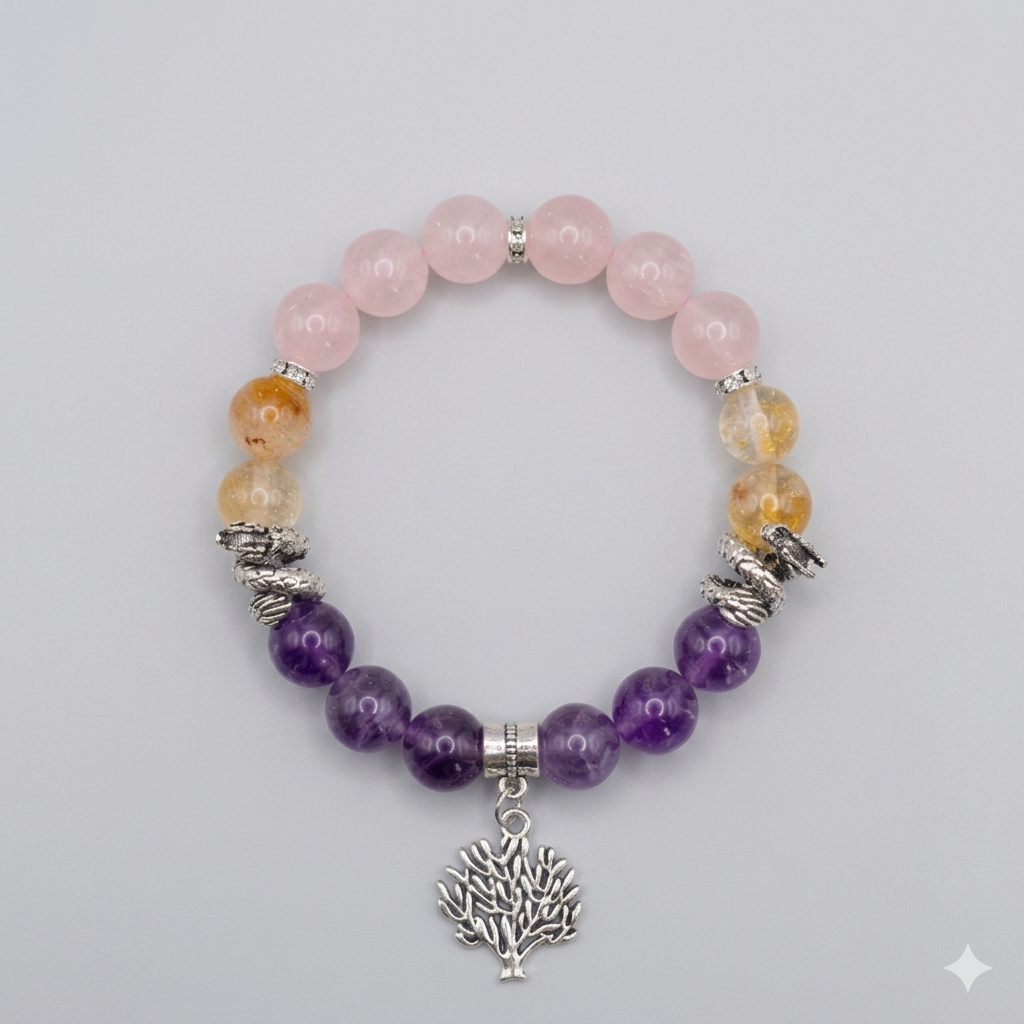 Multicolored beaded bracelet with a silver tree charm on a gray background
