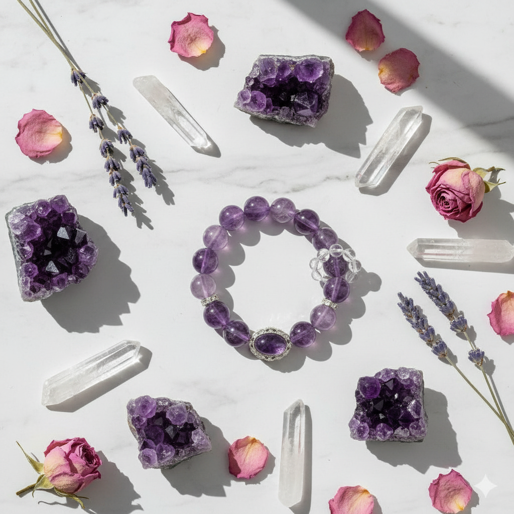 Purple crystal bracelet surrounded by purple crystals, flowers, and clear crystals on a white surface.