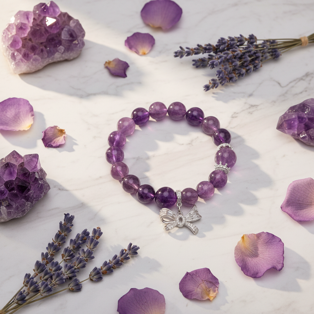 Amethyst Crown & Bow Charm Bracelet Lifestyle