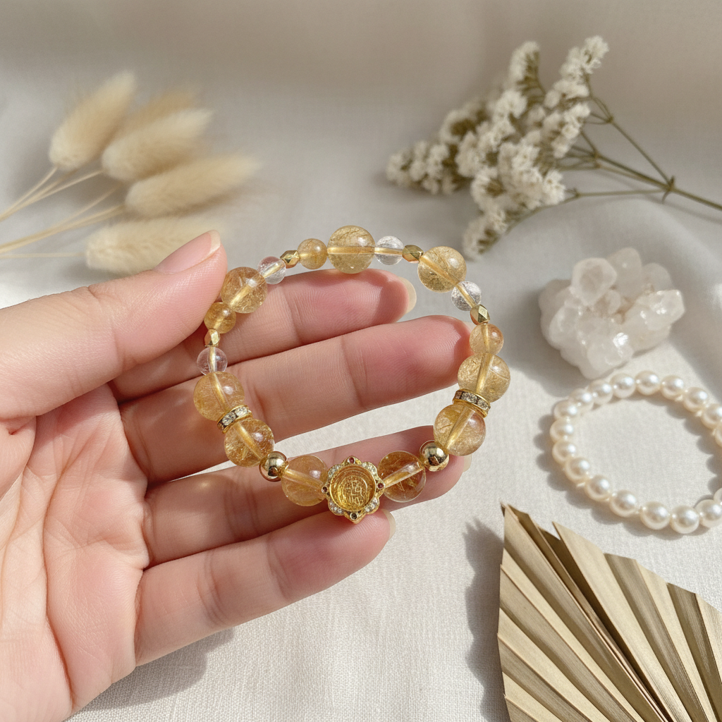 Hand holding a beaded bracelet with a decorative clasp on a neutral background with flowers and leaves.
