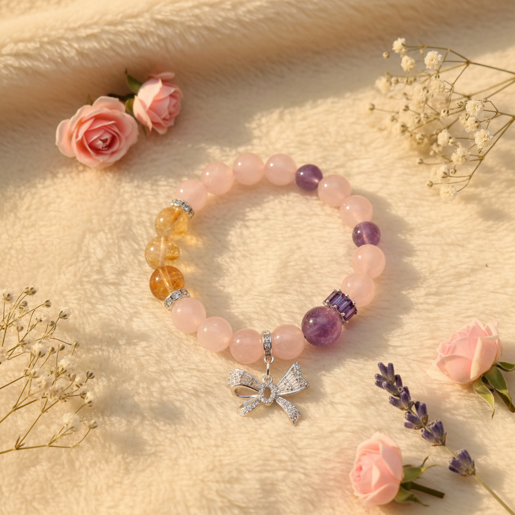 Stylish bracelet with colorful beads and a bow charm on a soft beige background with flowers.