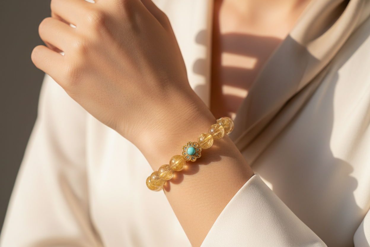 Model wearing Golden Rutilated Quartz Floral Bracelet - landscape