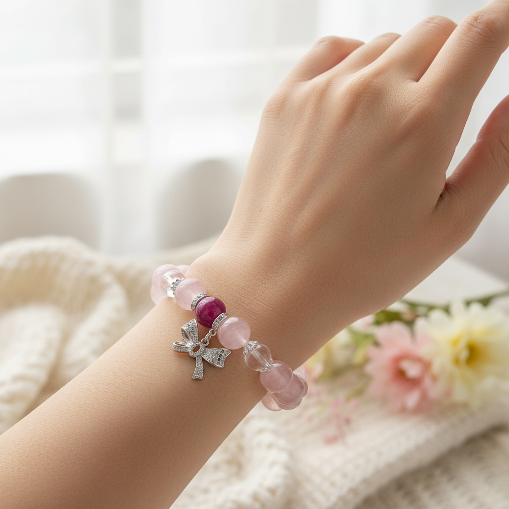 Model Wearing Rose Quartz Bow Charm Bracelet