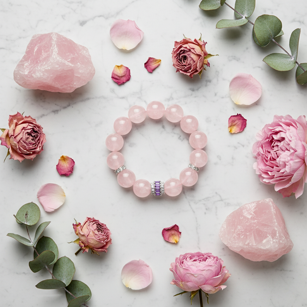 Rose Quartz Bracelet Flat Lay Lifestyle