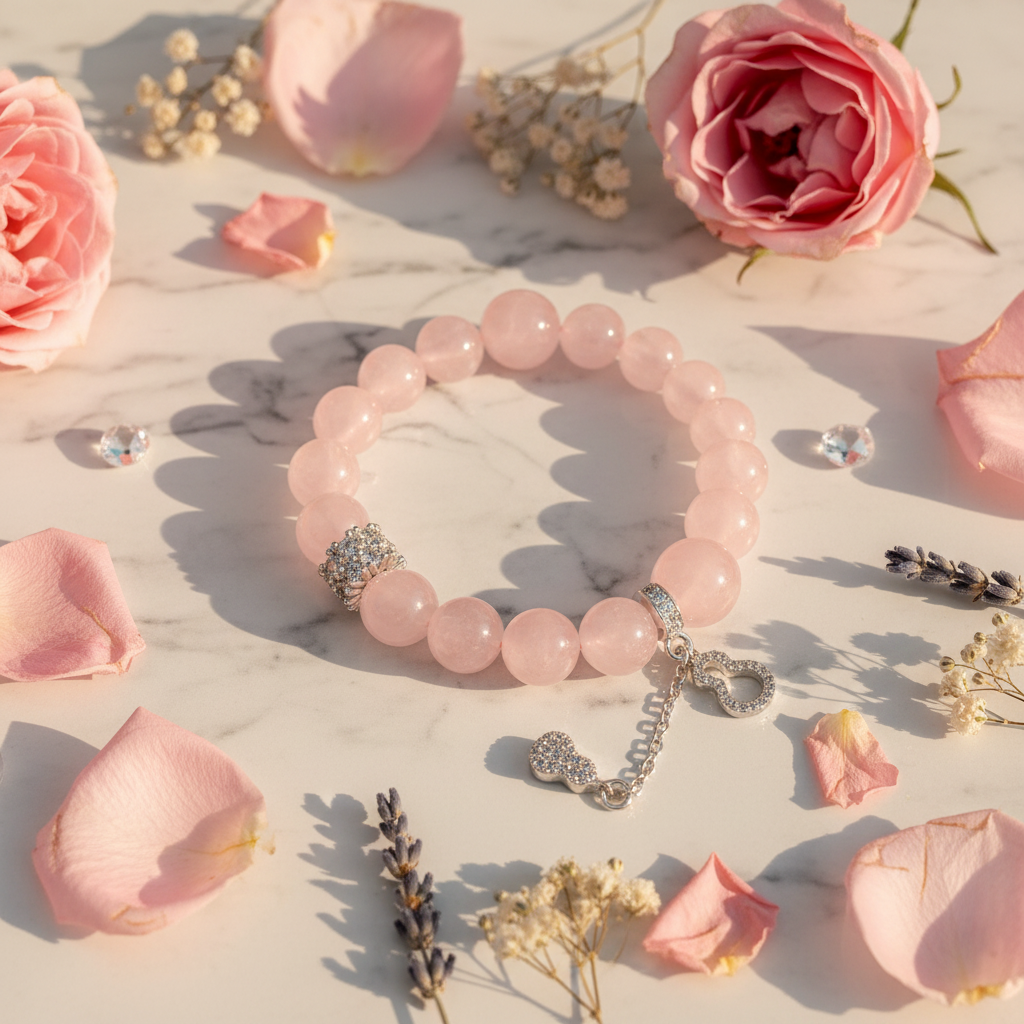 Pink beaded bracelet with silver charms on a surface with pink flowers and petals.